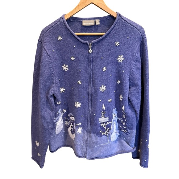 Croft & Barrow blue Snowman Winter Zip Cardigan Sweater Women's XL Embroidered - Picture 1 of 13